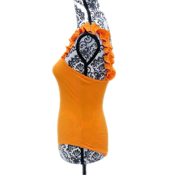Heatherly Ribbed Orange Citrus Ruffle Strap Bodysuit Cottagecore Y2K XS Petite - Picture 7 of 9